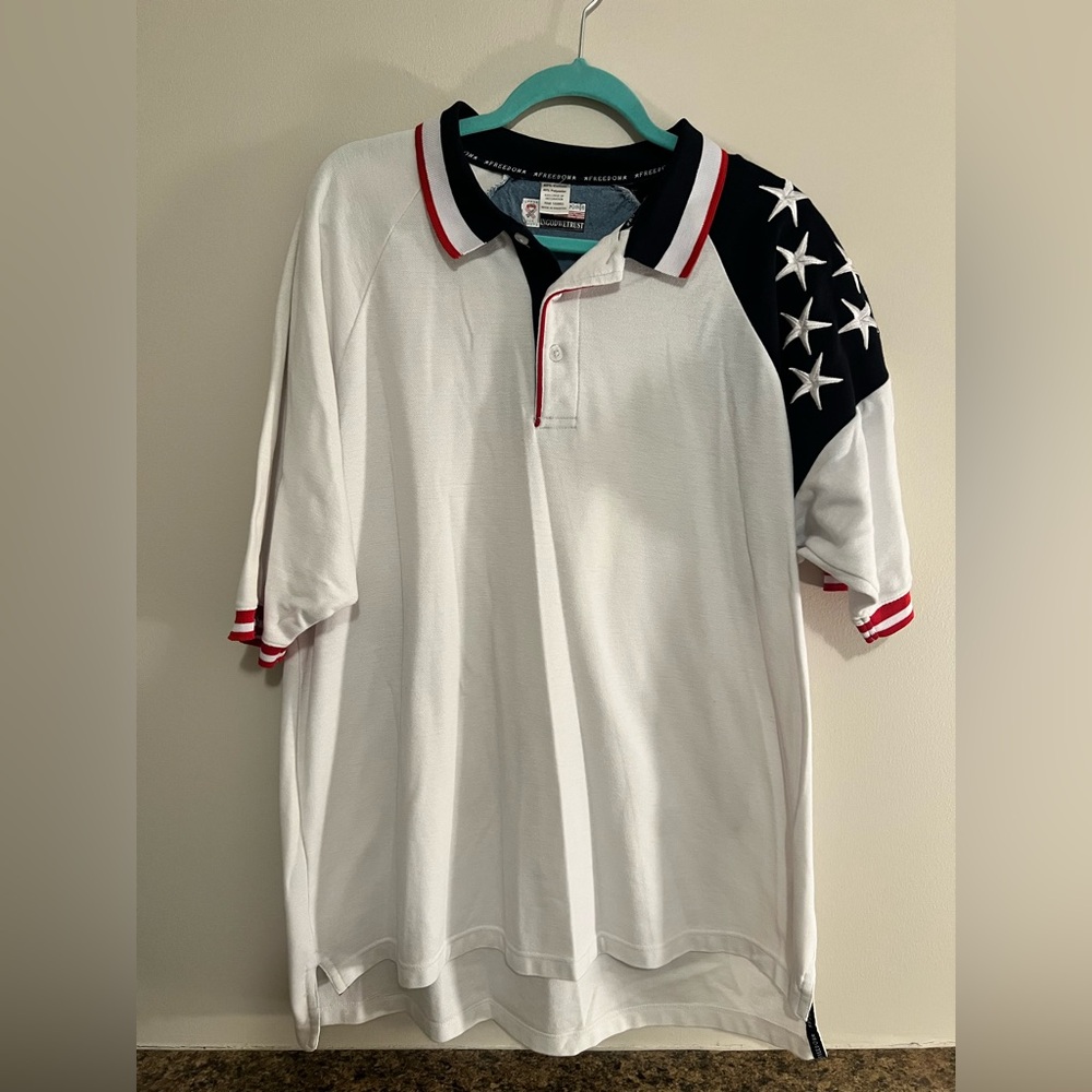 Men's 2X White Polo Shirt w Patriotic Stars on Sleeve USA Pullover Shirt